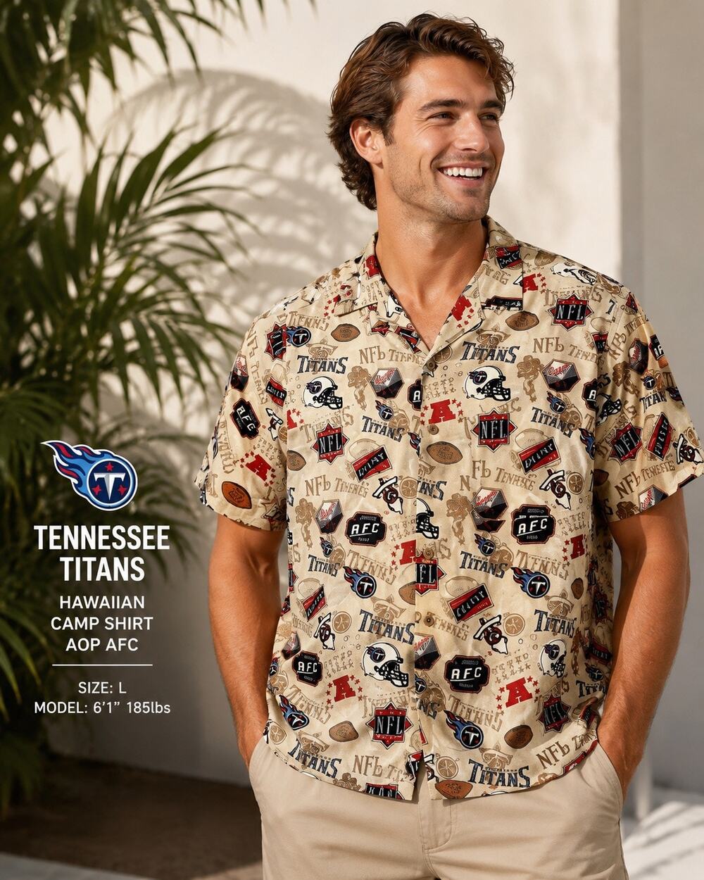 Tennessee Titans Camp Shirt Mens Large Tan AOP NFL Hawaiian AFC